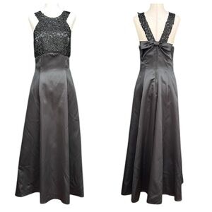 Unite Black Evening Gown With Lace Bodice and Bow in Back